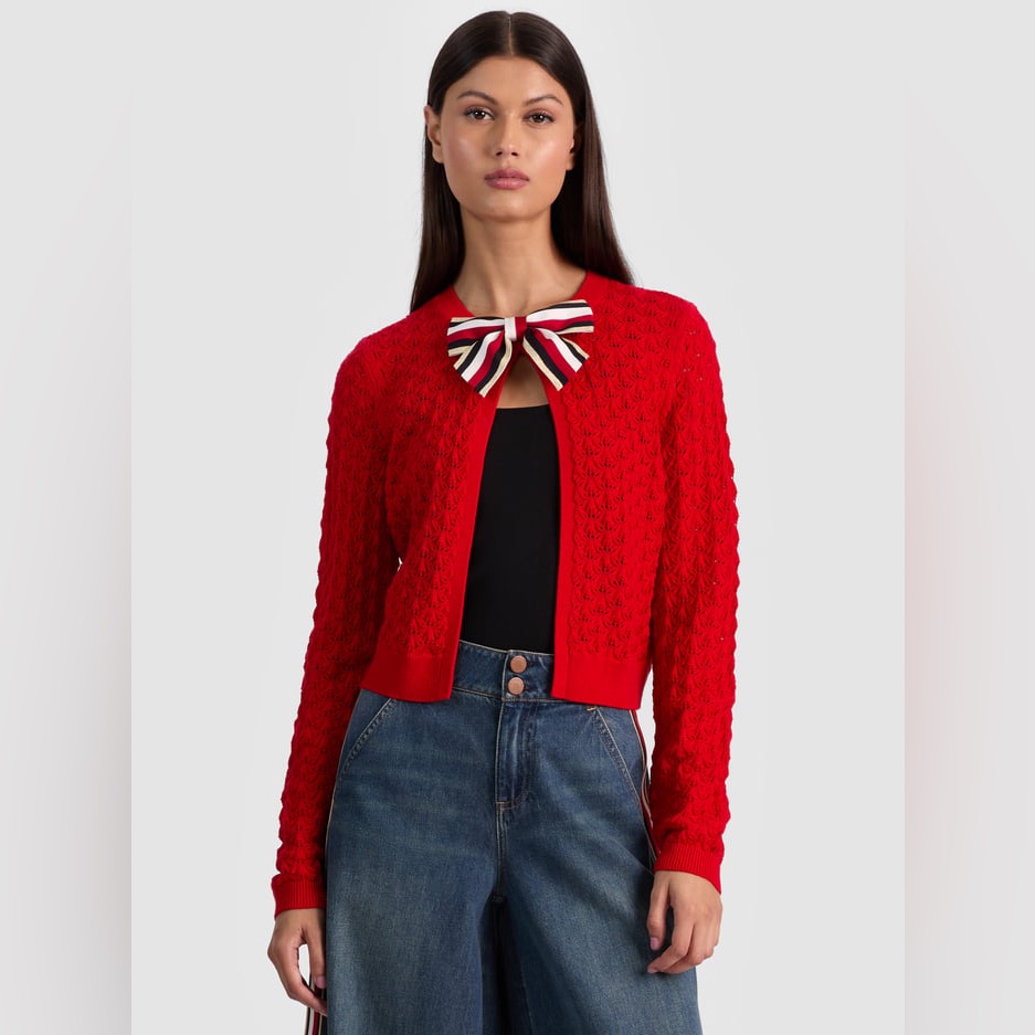Nwt $440 Alice Olivia Dollie Bow-Accented Open-Front Cardigan